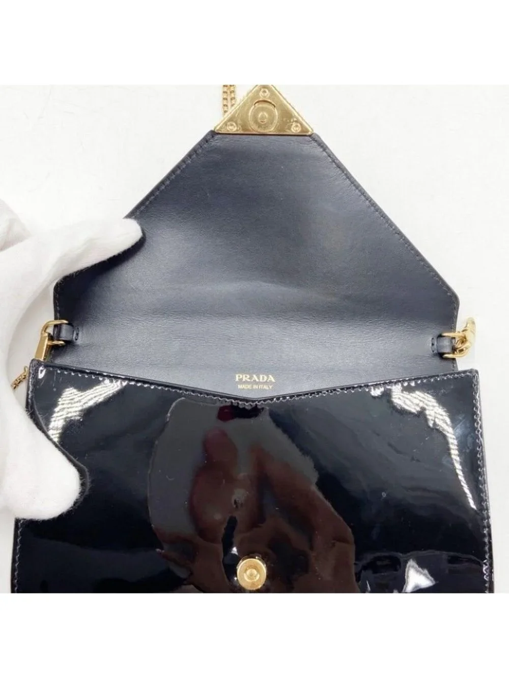 Prada Shoulder Bag Triangle Togo Black Patent Chain Gold